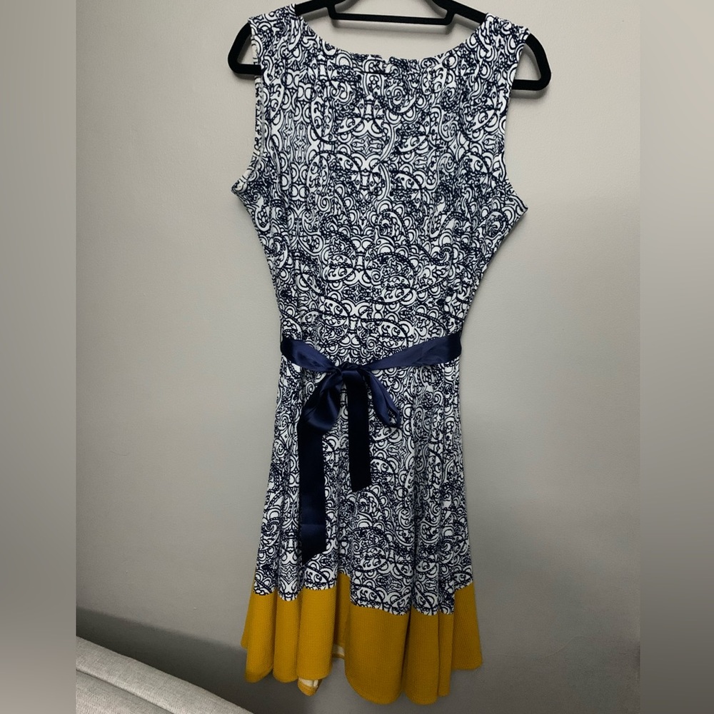 HAANI Petite Large Dress - Yellow with Blue/White Print and ribbon tie